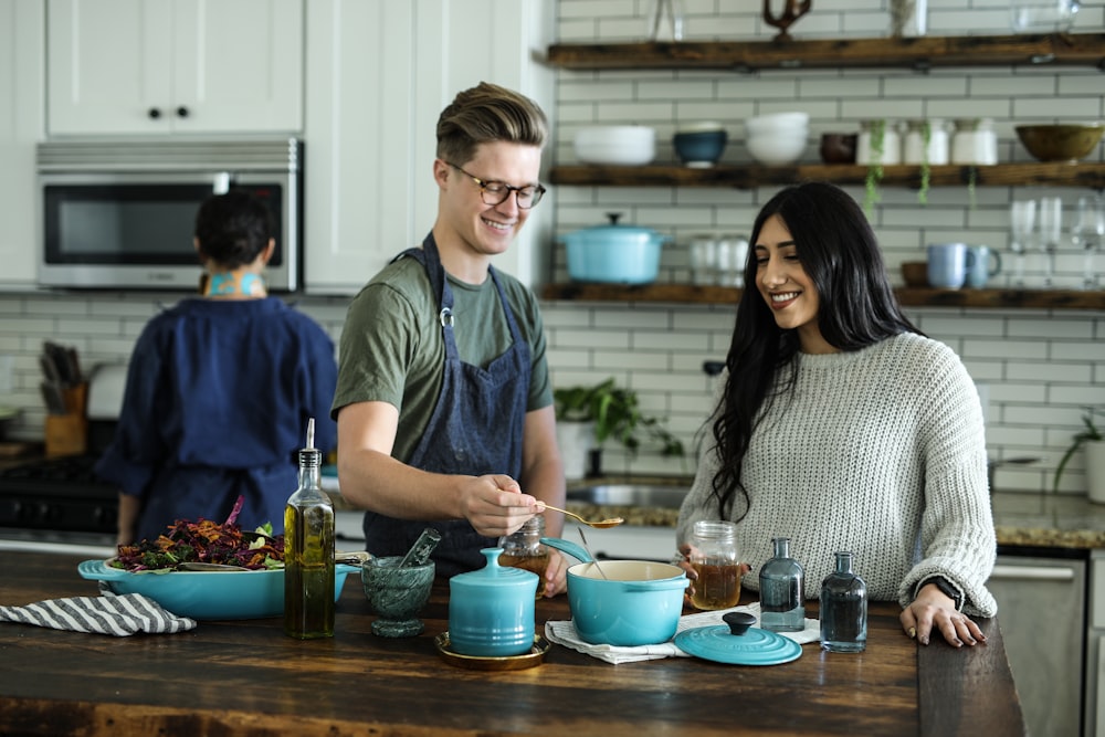 Cooking dinner together at home